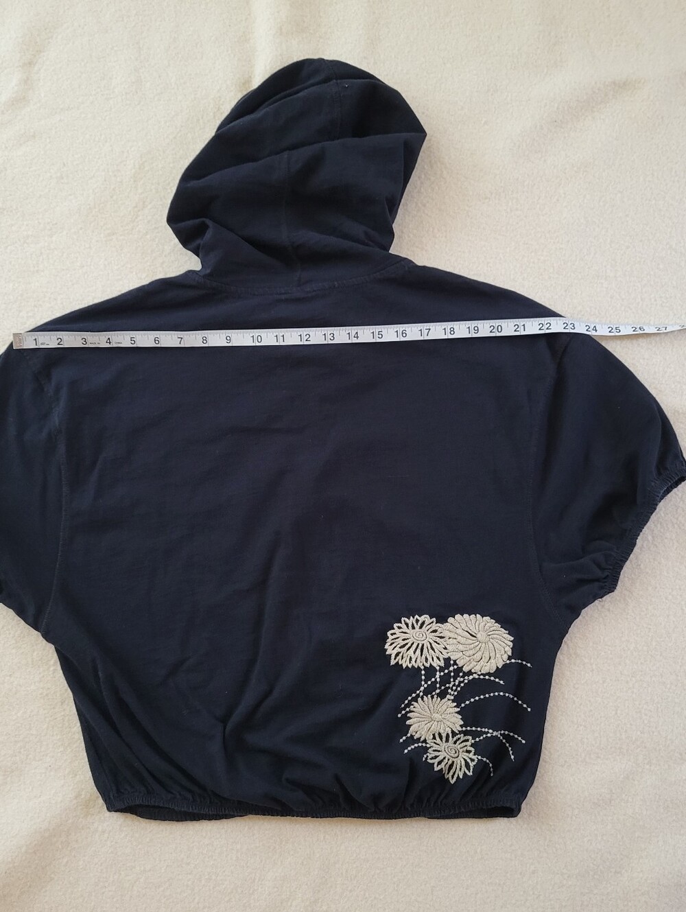 Lucky Brand Short Sleeve Cropped Hoodie Women's Size L Black Bird Embroidery Y2K - Picture 11 of 11